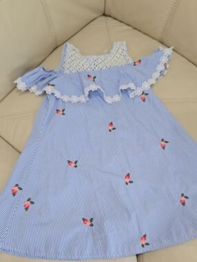 Girls Blue Striped Floral Ruffle Dress